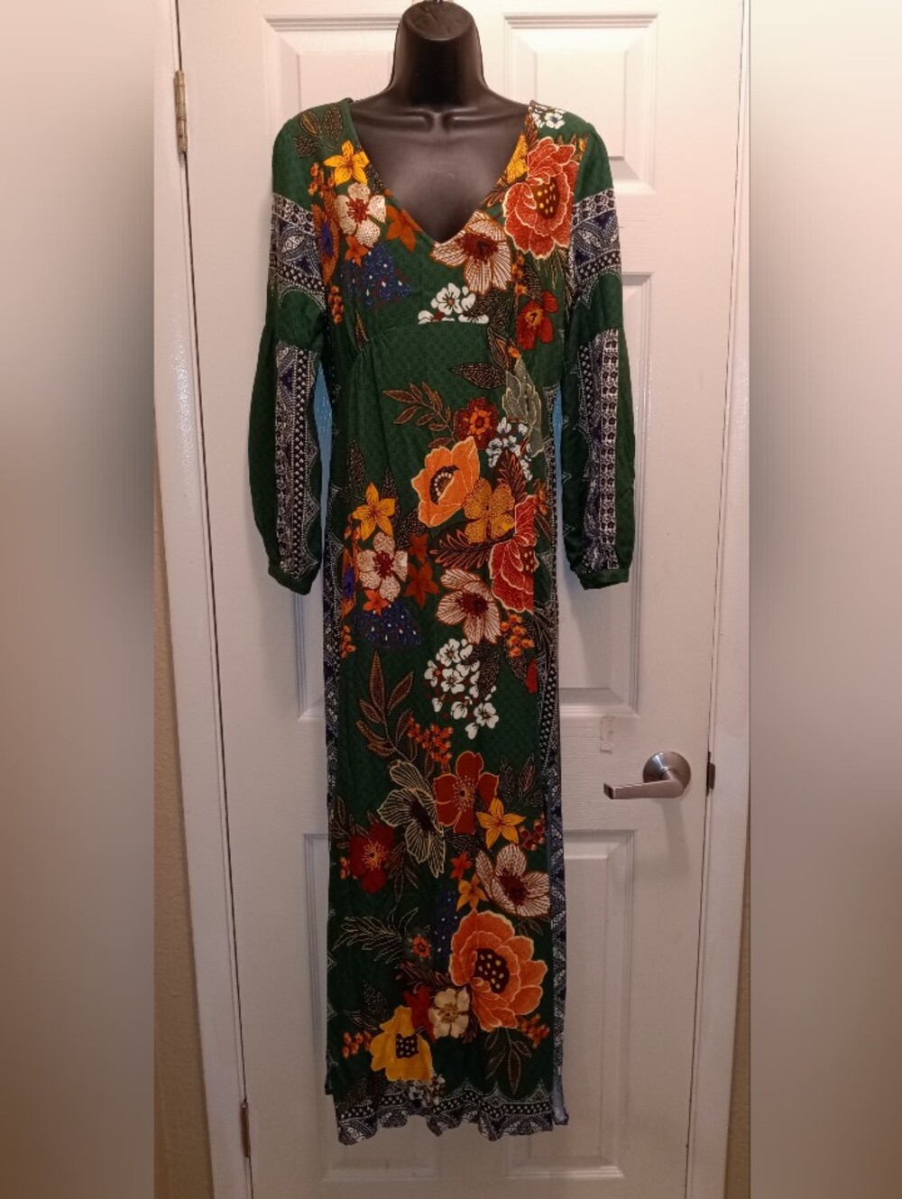 Farm Rio Anthropologie Bohemian Green Floral Maxi Dress with V-Neck